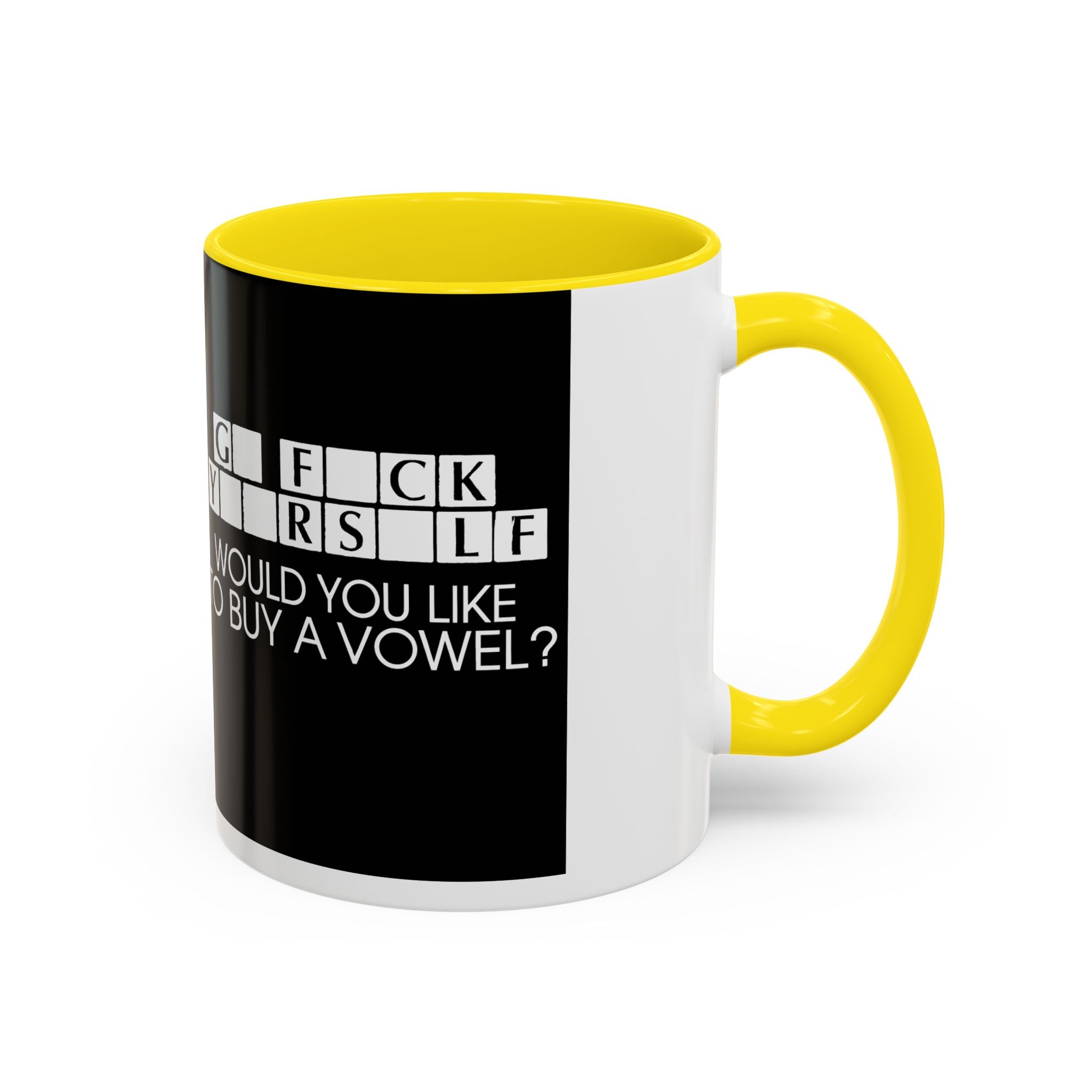 Accent Coffee Mug — "Would You Like to Buy a Vowel?" Crossword Joke Mug (Black Accent)