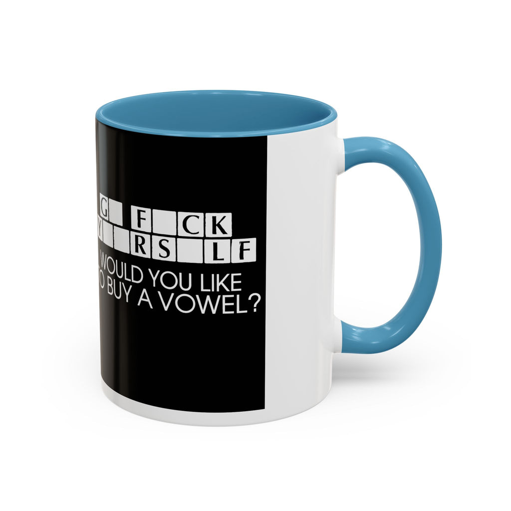 Accent Coffee Mug — "Would You Like to Buy a Vowel?" Crossword Joke Mug (Black Accent)