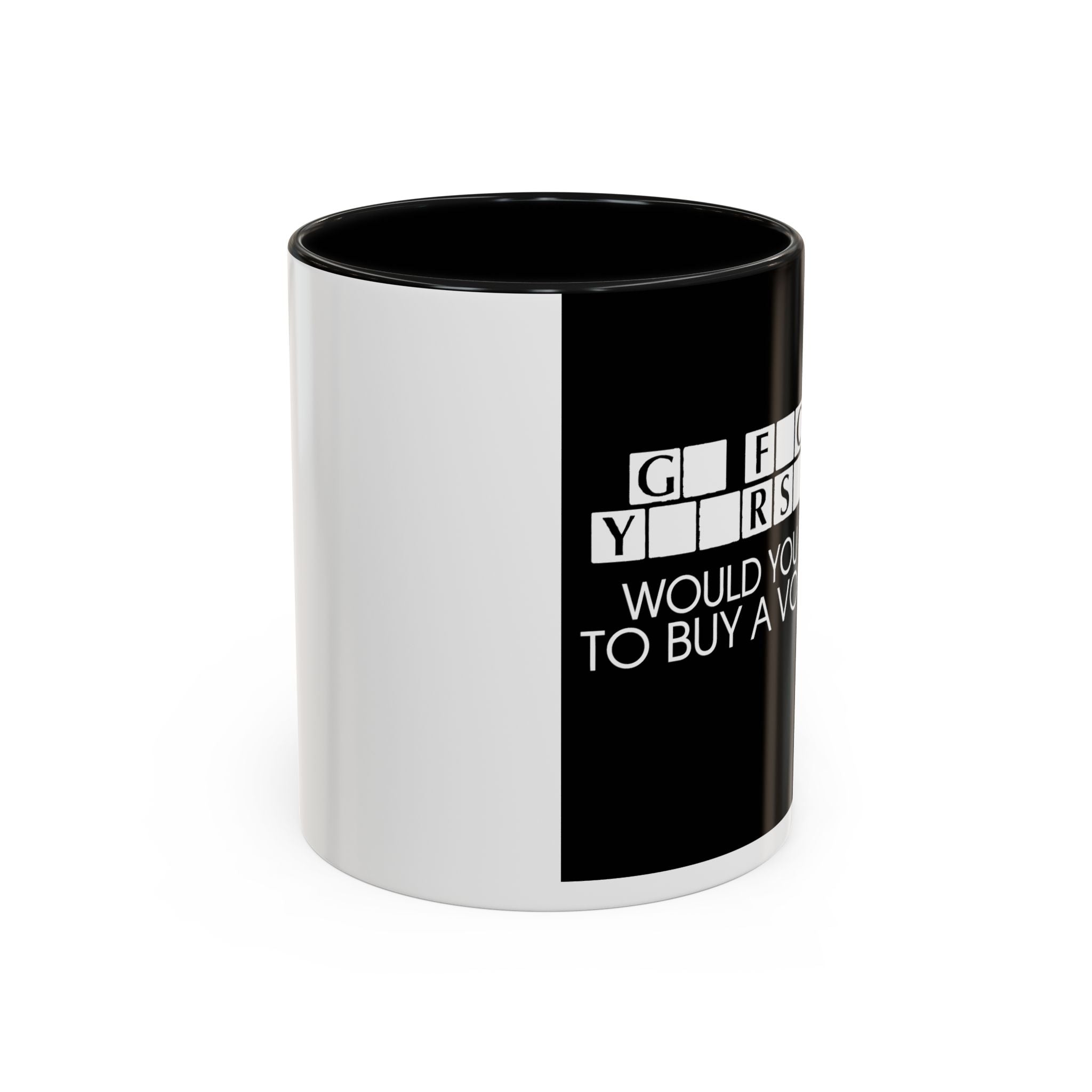 Accent Coffee Mug — "Would You Like to Buy a Vowel?" Crossword Joke Mug (Black Accent)
