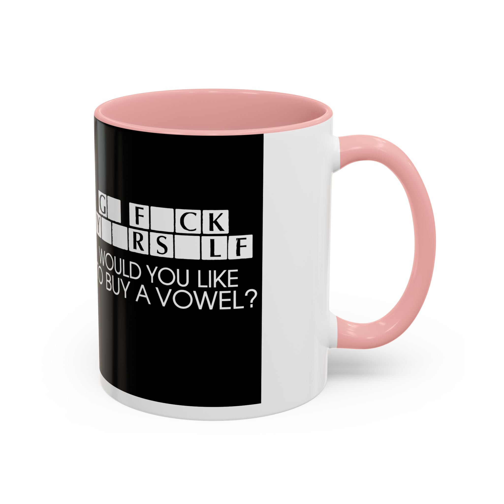 Accent Coffee Mug — "Would You Like to Buy a Vowel?" Crossword Joke Mug (Black Accent)