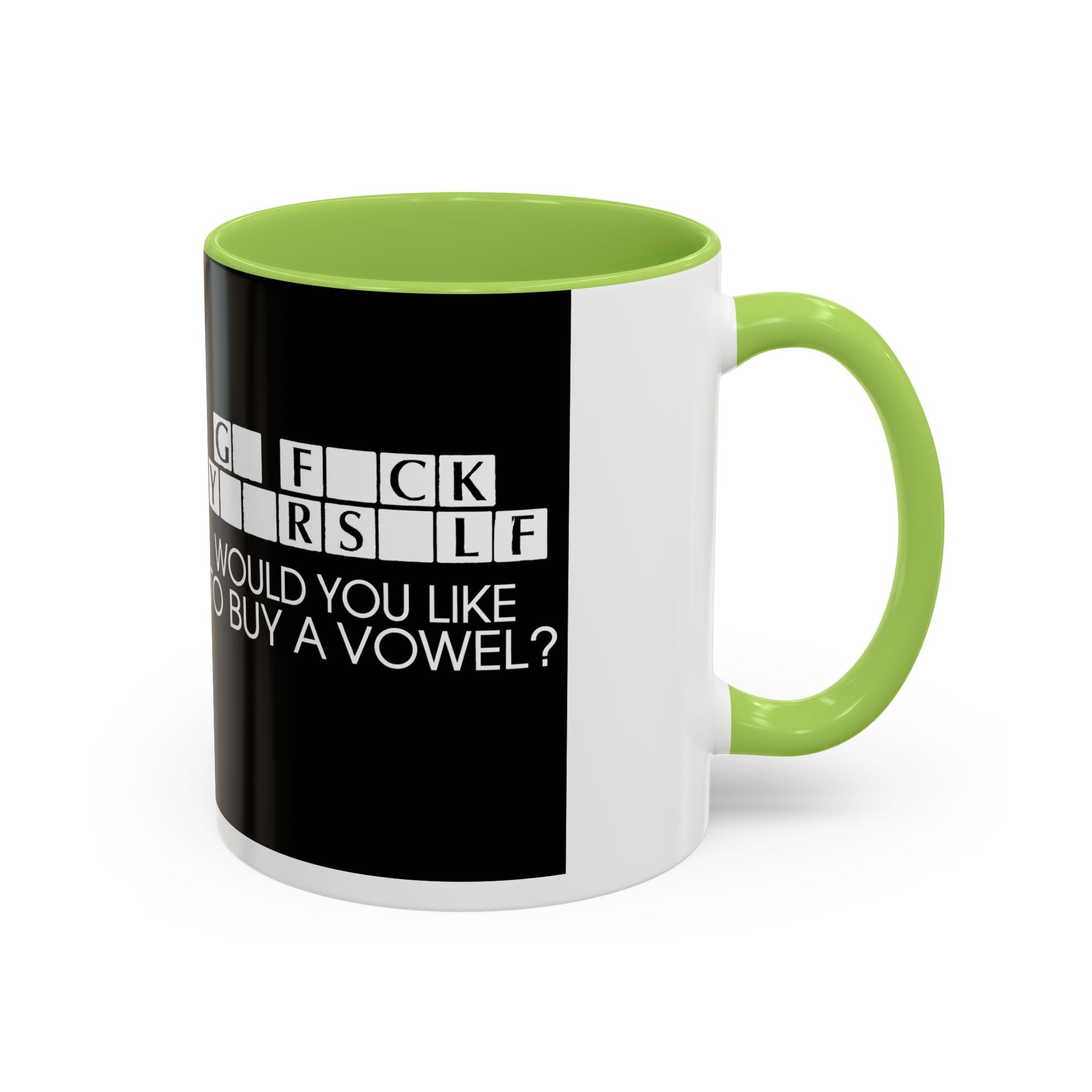 Accent Coffee Mug — "Would You Like to Buy a Vowel?" Crossword Joke Mug (Black Accent)