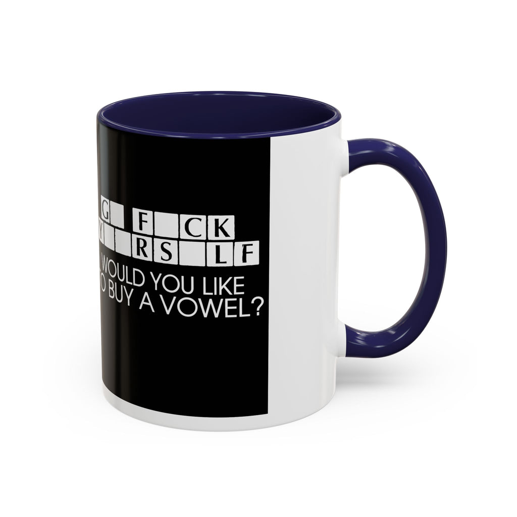 Accent Coffee Mug — "Would You Like to Buy a Vowel?" Crossword Joke Mug (Black Accent)