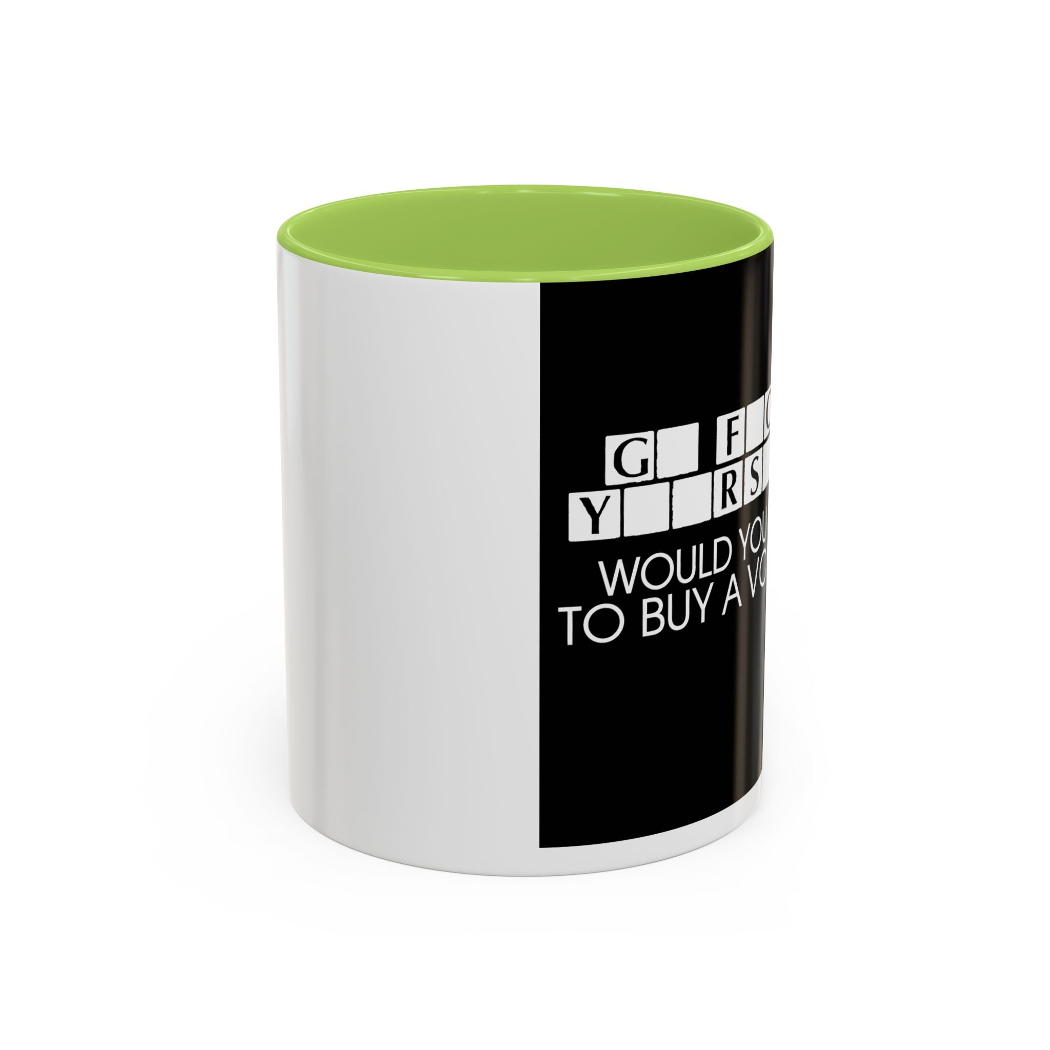 Accent Coffee Mug — "Would You Like to Buy a Vowel?" Crossword Joke Mug (Black Accent)