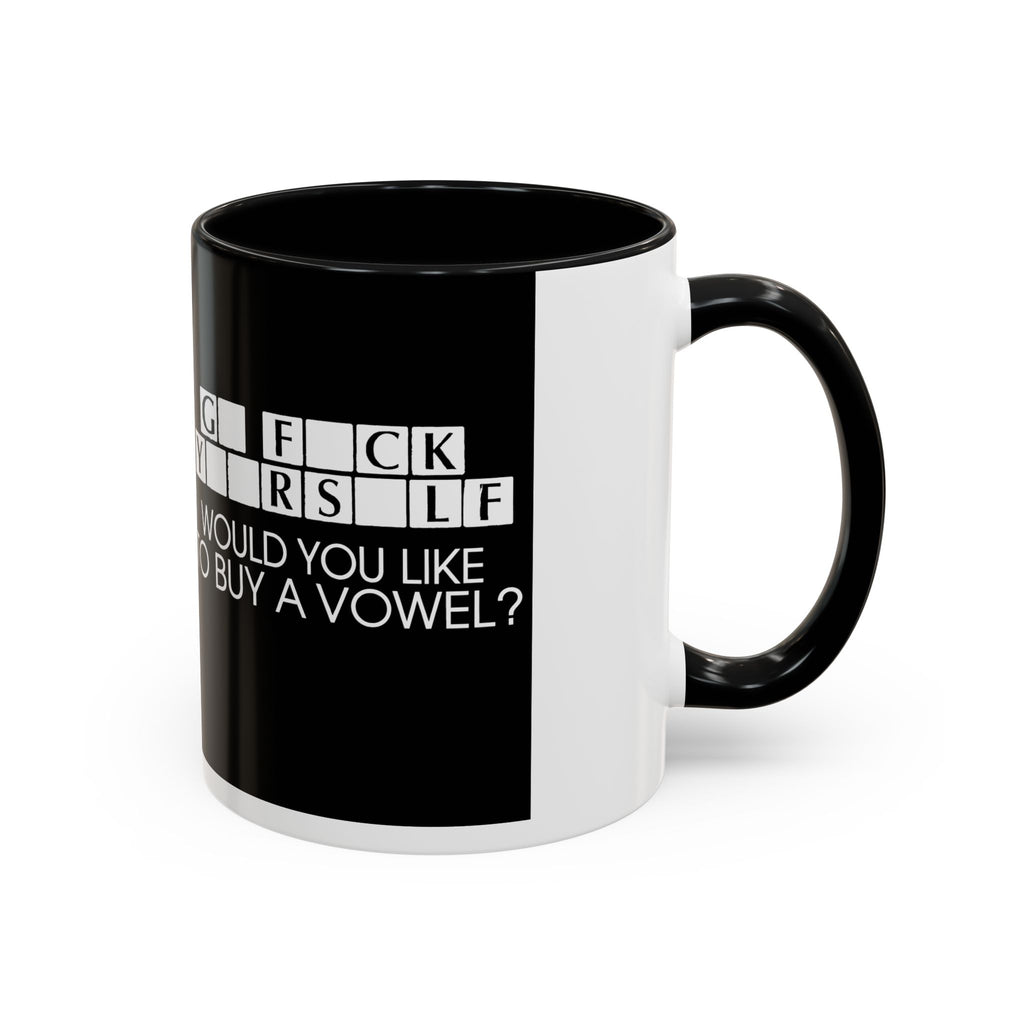 Accent Coffee Mug — "Would You Like to Buy a Vowel?" Crossword Joke Mug (Black Accent)