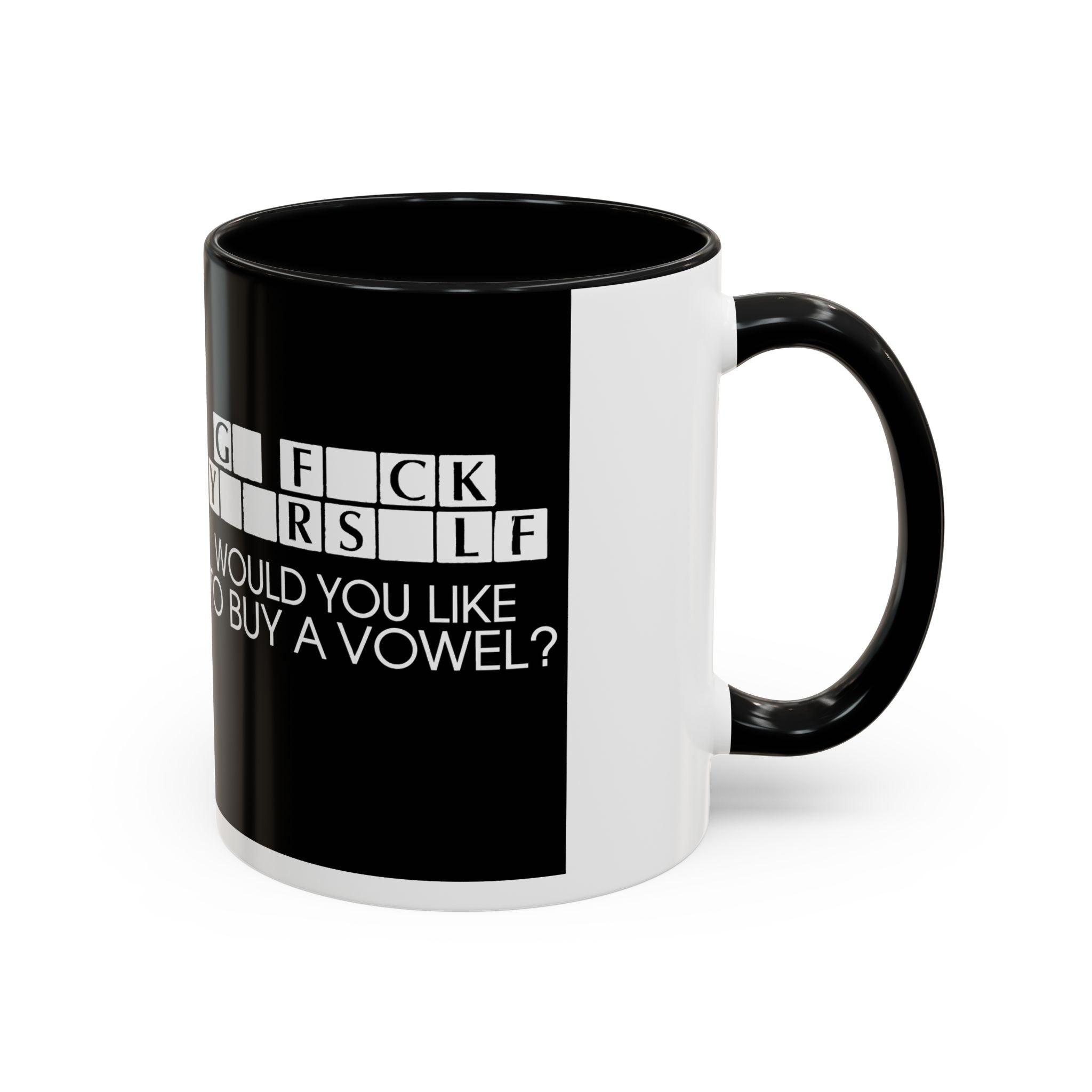 Accent Coffee Mug — "Would You Like to Buy a Vowel?" Crossword Joke Mug (Black Accent)