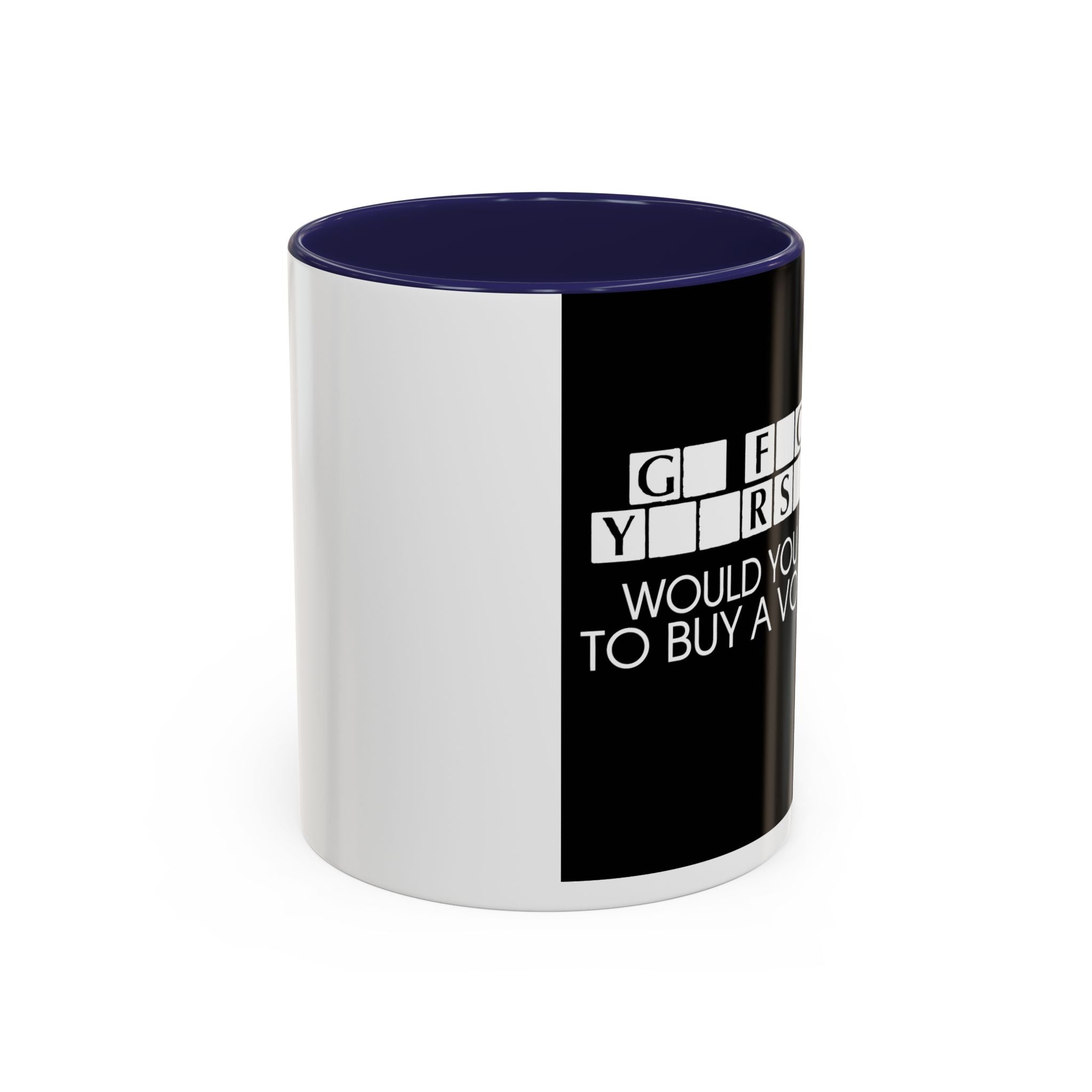 Accent Coffee Mug — "Would You Like to Buy a Vowel?" Crossword Joke Mug (Black Accent)