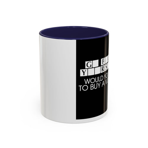 Accent Coffee Mug — "Would You Like to Buy a Vowel?" Crossword Joke Mug (Black Accent)