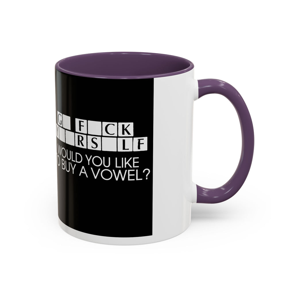 Accent Coffee Mug — "Would You Like to Buy a Vowel?" Crossword Joke Mug (Black Accent)