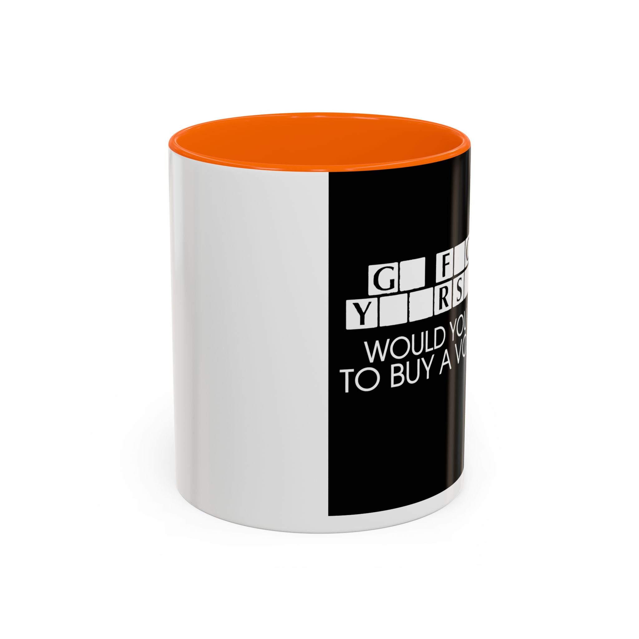 Accent Coffee Mug — "Would You Like to Buy a Vowel?" Crossword Joke Mug (Black Accent)