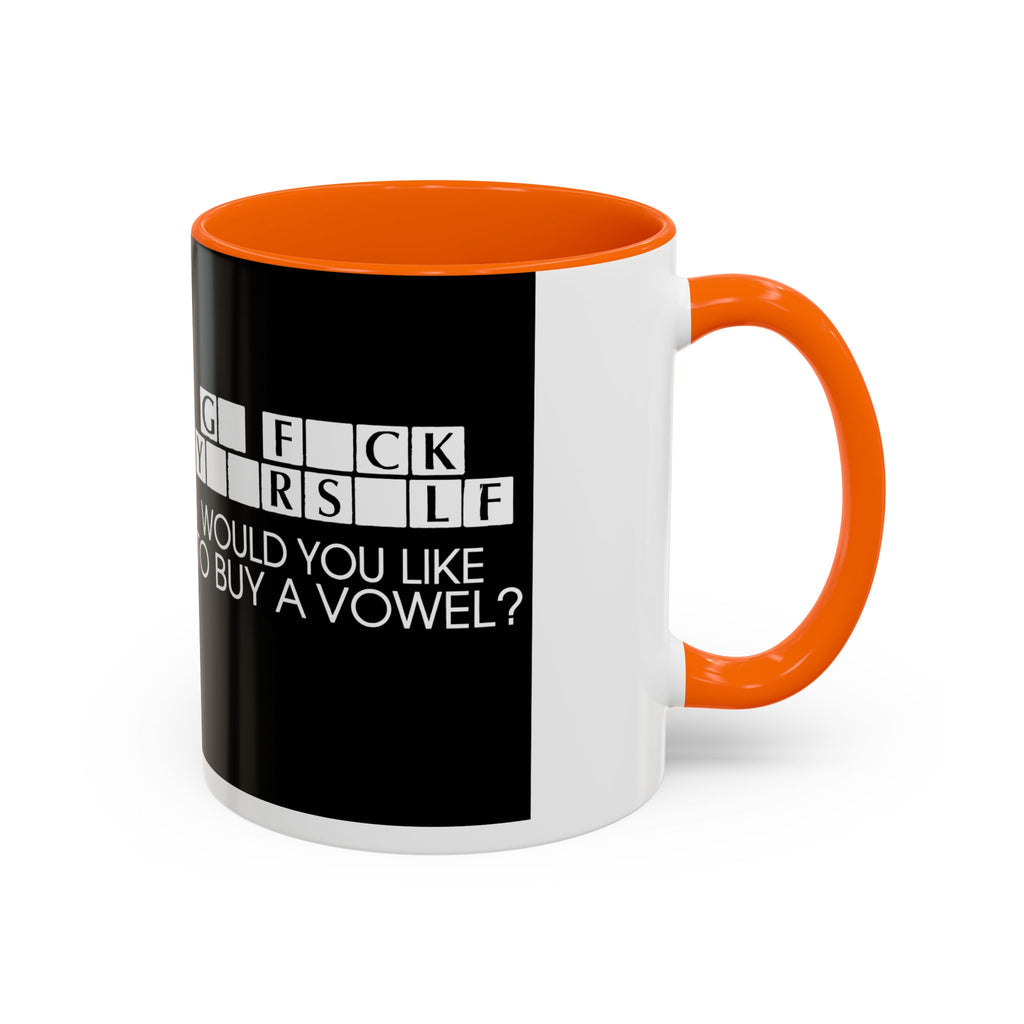 Accent Coffee Mug — "Would You Like to Buy a Vowel?" Crossword Joke Mug (Black Accent)