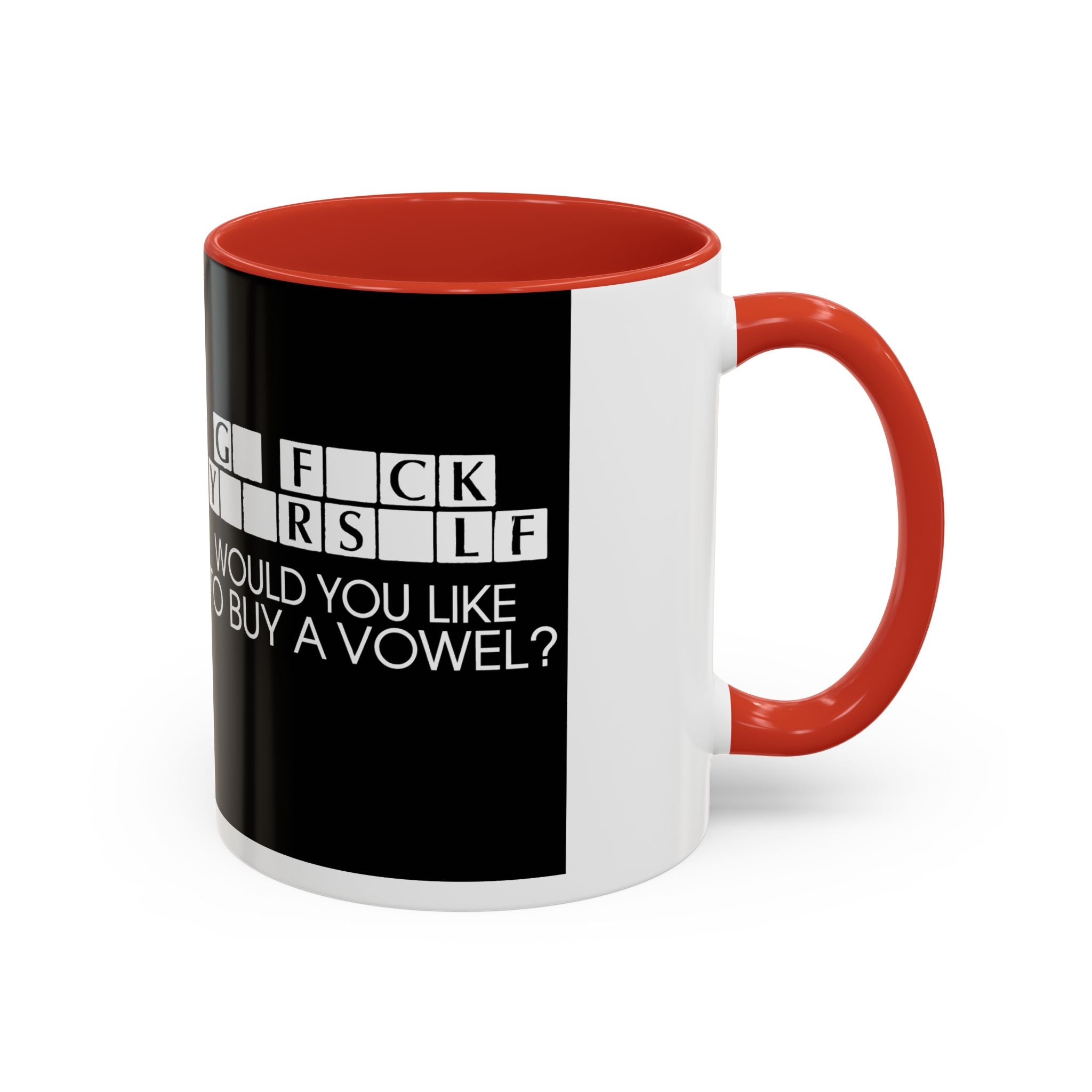 Accent Coffee Mug — "Would You Like to Buy a Vowel?" Crossword Joke Mug (Black Accent)